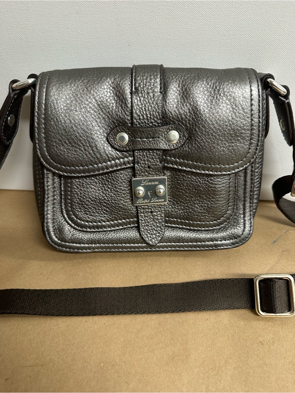 Lauren Ralph Lauren Metallic Charcoal Leather Messenger Bag